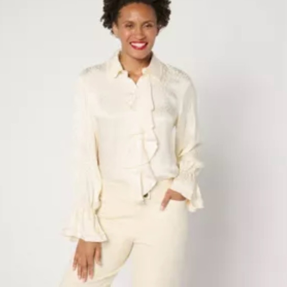 Dennis Basso Elegant Cream Ruffled Blouse 2X NWOT